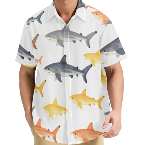 Chemise manches courtes hommes sans repassage motif chien de mer aquarelle