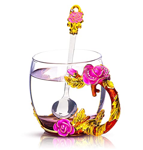 Tazas de cristal para café con cuchara, decoración de flores esmaltadas, regalos para mamá profesora, Navidad, cumpleaños, amigos, regalo para mamá, día de San Valentín, caja de regalo (rosa) Cover
