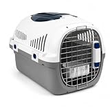 SNOEKIE Katzen Transportbox mit 2 Öffnungen, 49,5 × 32 × 32,6 cm, Haustierbox für Katzen & kleine Hunde bis ca. 45 cm Körperlänge und ca. 4,5–5 kg (je nach Tierart) Grau/Blau