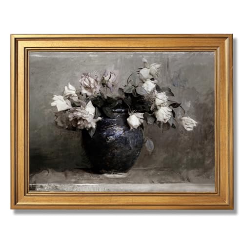 Moody Classical Black Vase White Roses Wall Art Impressionist Flower