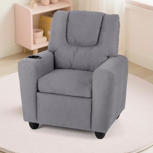 Image of Kids Recliner, Toddler Lounge Chair w /Cup Holder, Wide Armrest, Kids Sofa w /Adjustable Footrest, Comfy Toddler Recliner Chair for for Boys & Girls 3 + (Fabric, Grey)