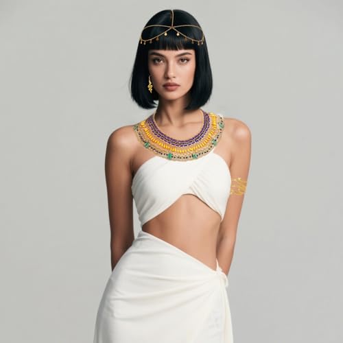 Heliltd 5pcs Egyptian Costume Jewelry Accessories Set for Women Adjustable Head Chain Snake Earrings Beaded Necklace Arm Cuff and Hand Chain Bracelet for Adult Halloween Cosplay Festival by Heliltd - Used condition - Image 5