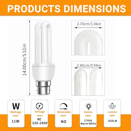 Akynite B22 Energy Saving Bulb 11W, Warm White 2700k, B22d Bayonet Cap, 2U CFL Low Energy Light Bulbs, BC Compact Fluorescent Stick Bulbs, 2pcs - Image 4