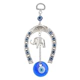 MINAOLULUS Decoración Colgante de Elefante Ojos Azules y Herradura, Amuleto para Protección y Bendiciones Hogar o Vehículo