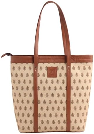 KALOOM Women’s Tote Bag with Zip Closure | Cotton Canvas & Vegan Leather Shoulder Bag | Spacious Printed Handbag with Outer Pocket for Office, Travel & Everyday Use (Beige)
