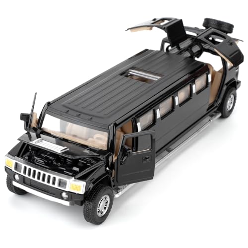 BGHSCA 1/32 Hummer H2 Auto Modell, Diecast Auto Spielzeug mit Sound und Licht, Alloy Stretch Limousine Pull Back Spielzeug Fahrzeug für Erwachsene Kinder Jungen Mädchen (Schwarz)