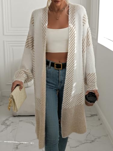 chouyatou Women's Color Block Striped Fuzzy Long Cardigan Sweaters Open Front Diagonal Stripe Knit Cardigan Jacket Coat2
