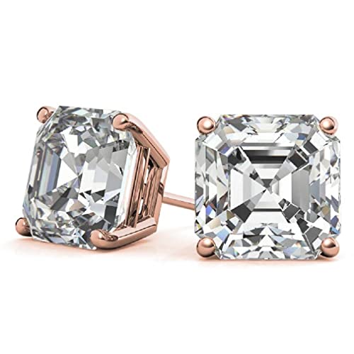 Handmade 10K 14K 18K Solid Rose Gold Earring, 4 Tcw Asscher Cut Moissanite Diamond Stud Earring, Solitaire Anniversary Earring For Women, Engagement/Birthday Gifts, Push/Screw Back #TOP2