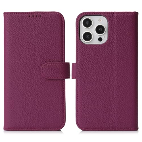 Coque iPhone 15 Pro en cuir véritable violet style portefeuille chic