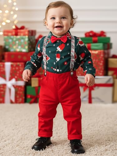 Image of Boarnseorl Baby Boys Pants Sets, Infant Long Sleeve Shirt + Pants + Bow Tie + Suspenders Outfits