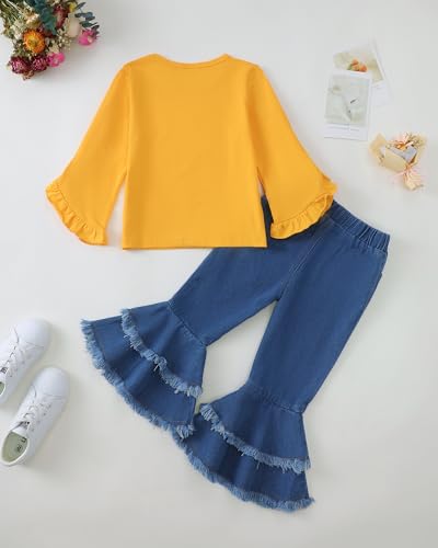 Toddler Girl Clothes Kids Little Girl Fall Outfit Ruffle Long Sleeve Shirt Flare Denim Jeans Pants Winter Clothing Set3