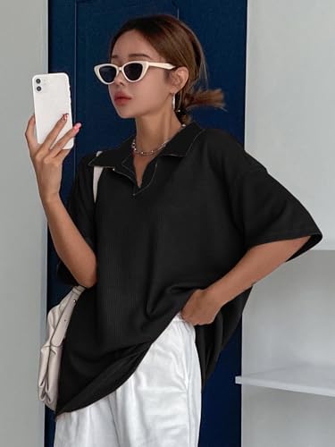 Image of Zilcon Womens Half Sleeve Oversized Tshirt for Woman Trendy Casual V Neck Summer Collared Preppy Tops Fashion Loose Fitted Western Tops for Women Stylish