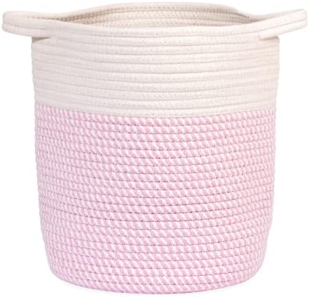 Cotton Rope Baskets Biodegradable Storage Organizer for Laundry Toys Makeup Blanket Baby Items Indoor Plants Garden Blue/Beige Pink/White Grey/White Baskets for Decoration (Small, Pink and WHite)
