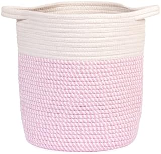 Cotton Rope Baskets Biodegradable Storage Organizer for Laundry Toys Makeup Blanket Baby Items Indoor Plants Garden Blue/Beige Pink/White Grey/White Baskets for Decoration (Small, Pink and WHite)