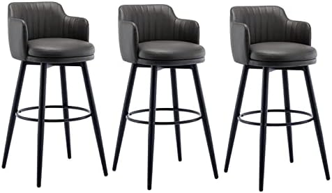 26 Inches High Barstools Swivel Bar Stools Set of 3 with Low Back Kitchen Island Bar Chair, Counter Height with Arms, Nappa Leather Pedal Chrome Upholstered Seat, for Bars, Breakfast, Lounge, Pubs