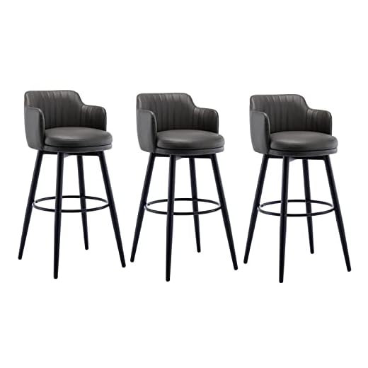 26 Inches High Barstools Swivel Bar Stools Set of 3 with Low Back Kitchen Island Bar Chair, Counter Height with Arms, Nappa Leather Pedal Chrome Upholstered Seat, for Bars, Breakfast, Lounge, Pubs
