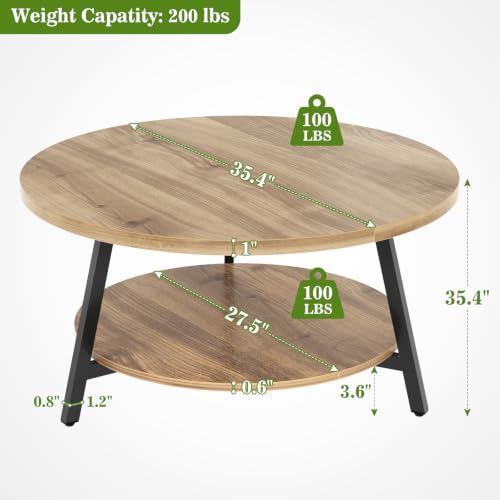 Image of Armocity 35.4 inch Round Wood Coffee Table with 2-Tier Storage, 1 inch Thick Top