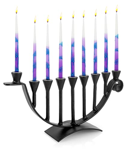 Stur-De Hanukkah Menorah 9-Branch Hanukiah - Decorative Menorahs For Chanukah, Handcrafted Iron Candlestick Holder - Compatible With Small Menorahs Hannukah Candles - Black, 12.5" L X 2.75" W X 6.5" H #TOP4