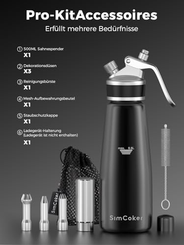 Foto von SimCoker Sahnespender 500 ml aus Aluminium, 3 Tüllen, Schwarz