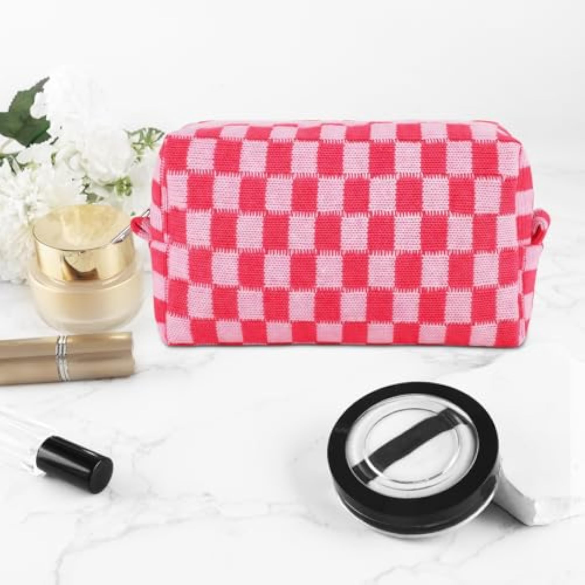 Checkered Makeup Bag for Women, Travel Toiletry Bags Set