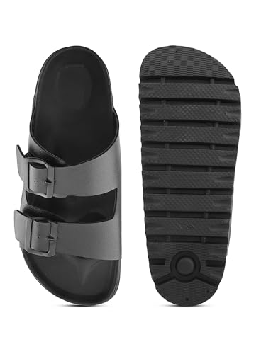 Image of STANPHORD Men Double Buckle Slider Sandals | Faux Leather Fashion Chappal | EVA Non-Slip Cushioned Sole | Casual Summer Daily Indoor Outdoor Wear (TPAI 14102)