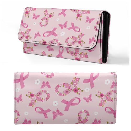 Binienty Pink Ribbon Tri-Fold Clutch for Women Waterproof - Floral Butterfly Buckle Closed Card Holder Purse with Multiple Inner Pockets for Keys, Coins, Daily Essentials2