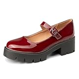 Women's Round Toe Ankle Strap Mary Janes Platform Low Heel Chunky Pumps Oxford Dress Shoes Wine