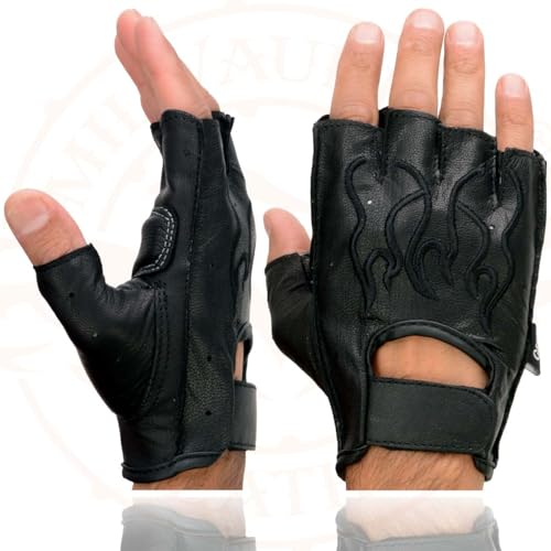 Image of Milwaukee Leather SH198 Men's Black Flame Embroidered Fingerless Gloves with Gel Palm | Padded Comfort; Vibration Relief; Flame Embroidery
