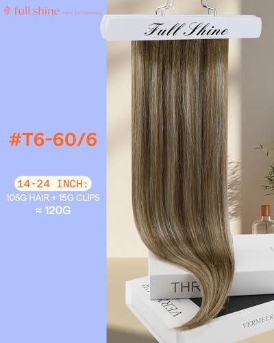 Image of Full Shine 18 Inch Clip in Extensions Remy Human Hair | Clip in Hair Extensions, Chestnut Brown Balayage to Brown With Platinum Blonde, Real Hair Clip ins, Double Weft, 7 Pcs 120g