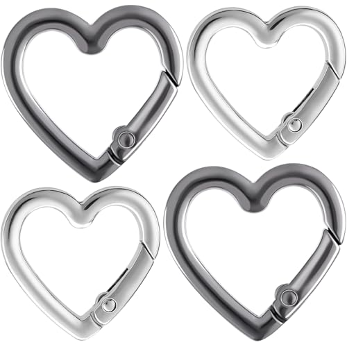 HINZIC 4pcs Heart Shaped Keychain Clip, Zinc Alloy Heavy Duty Heart Carabiner, Spring Snap Clasp Hook for Camping Hiking Fishing Traveling- Black(L) & Silver(M)