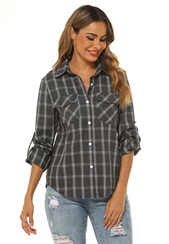 Ietaoo Chemisiers Femme Chemise à Carreaux Coton Manches Longues Flanelle Chemise Blouse Classique Décontractée Shirt pour Automne Hiver Printemps Gris S Cover