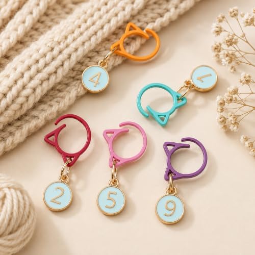 Ritpviq Numbered Knitting Stitch Markers 0-9, Blossom Enamel Charm Rings — view 6