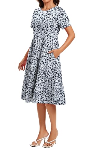 Image of Womens Summer Short Sleeve Crew Neck Midi Dress 2026 Casual Fit Flowy Tiered Beach Vacation Sundress with Pockets