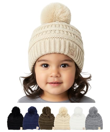 Funky Junque Toddler Pom Beanie â€“ Warm Kids Winter Hat for Ages 1â€“4, Cozy Knit Snow Beanies for Baby Boys & Girls - Beige