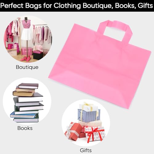 100 pack Pink Gift Bags,Large Frosted Plastic Shopping Bags with Handles, Gift Wrap Totes for Small Business