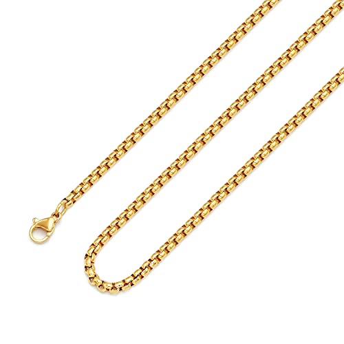 3Mm 18K Real Gold Plated Square Rolo Chain Stainless Steel Round Box Chain Necklace Men Women Jewelry 24 Inches #TOP7