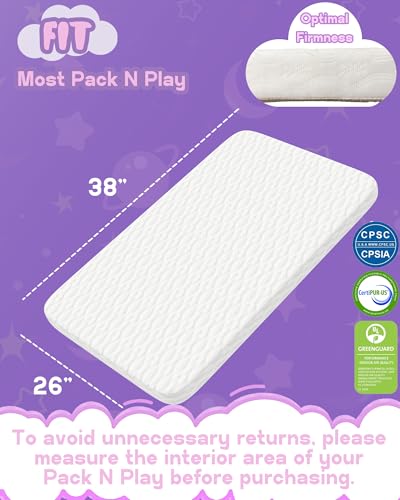 Image of WELLZEE Pack N Play Mattress 38 inchx26 inch, fit Graco /Pamo /Baby Trend /Dream On Me and Most Pack N Play Playpens & Playards with Ultra-Suppotive Foam, Breathable Cover, Water Resistant Lining
