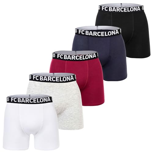 FC Barcelona Boxershorts Jungen 5er Pack Offizielles Lizenzprodukt | Unterhosen Set | Fangeschenk Kinder | Grau/Weiß/Blau/Rot 140