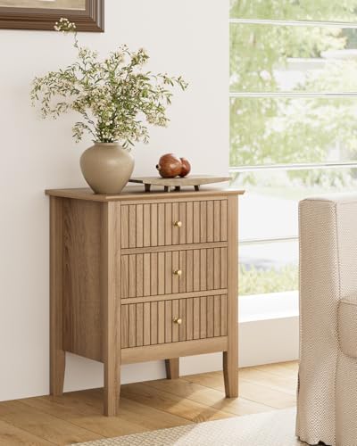 Image of Fluted Nightstand, Farmhouse Night Stand with 3 Drawers, Mid Century Modern Side Accent Table,Bedside End Table for Bedroom, Living Room, Natural