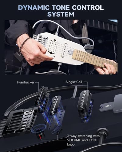 Image of Donner HUSH-X Electric Guitar Kit - Featherlight Travel Guitar with Easy Assemble Stands, Great for Travel and Practice, Mahogany Solid Body, Gig Bag, All Accessories, Metallic White
