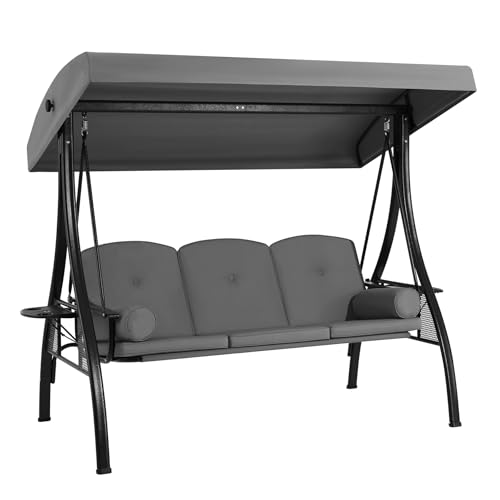 Image of HOMREST 3 Seat Outdoor Porch Swing with 1.5 inch Deepened Cup Holder, Adjustable Canopy, Patio Swing Bed with Stand, Patio Glider Swing with Thicken Cushions, Pillow for Yard, Garden(Grey)