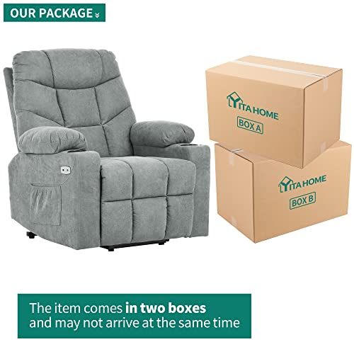 Yitahome Electric Power Lift Recliner Chair For Elderly, Fabric Recliner Chair With Massage And Heat, Spacious Seat, Usb Ports, Cup Holders, Side Pockets, Remote Control (Grey) #TOP7