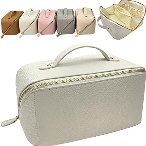 UPGRADED Large Capacity Travel Cosmetic Bag - Makeup Bag Opens Flat with Compartments for Easy Access - Leather Waterproof Portable Cosmetics Bag with Handle, Divider - Toiletry Make up Organizer Bag…