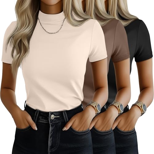 Ficerd 3 Pack Women's Mock Neck Shirts Short Sleeve Turtleneck