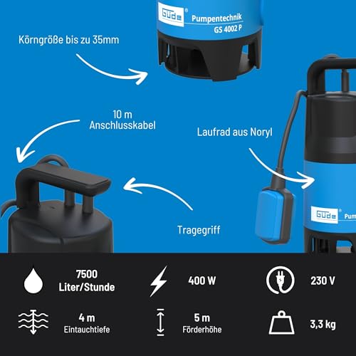Güde Schmutzwassertauchpumpe GS 4002 P (400 W, 7500 l/h, Förderhöhe max 5 m, Eintauchtiefe max 4 m, Noryllaufrad, 10 m Anschlusskabel, variabel einstellbarer Schwimmerschalter, Thermoschutz)