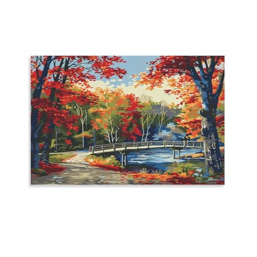 Lienzo de bosque rústico vintage para pared, puente de río, pintura de paisaje otoñal sobre lienzo, póster impreso, decoración para el hogar, sala de estar, dormitorio, decoración de pared, sin marco