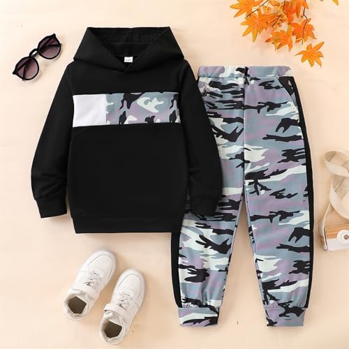 Image of 2-6T Toddler Baby Boy Clothes Long Sleeve Hooded Pullover Colorblock Sweatshirt + Pants 2pcs Fall Winter Outfit Set