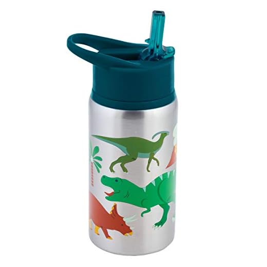 Stephen Joseph Stainless Steel Water Bottles, 18 OZ, Straw lid, Reusable tumbler, Insulated, DINO