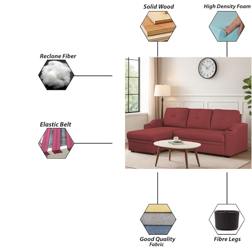 Image of Casaliving Ravonna LHS 4 Seater L Shape Corner Sofa Cum Bed for Living Room (Maroon Fabric) Premium Fabric Sofa