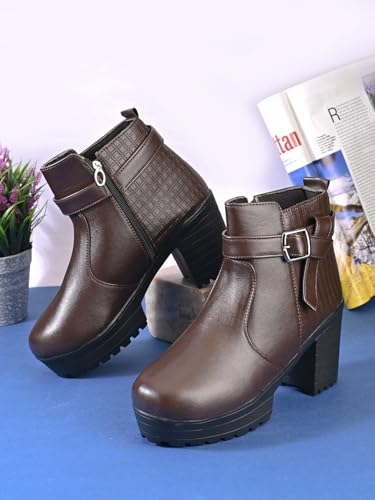 Image of XE Looks Fashionable & Trendy Block Heel Ankle Boots for Women with Buckle Detail and Zipper Closure, Ideal for Casual and Dressy Outfits for Women & Girls